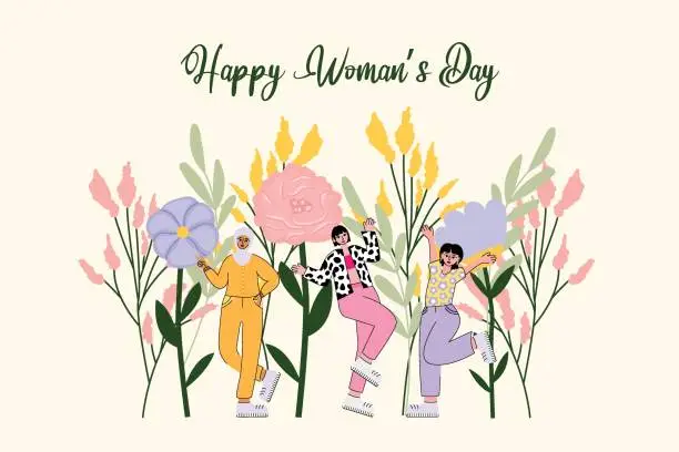 Vector illustration of Happy Women's Day banner. Illustration with flowers and beautiful girls of different nationalities, religion and skin color. Vector illustration in flat style.