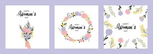 Vector illustration of Happy Women's Day card collection. Bouquet of flowers, wreath of flowers, beautiful wildflowers in flat style. Vector illustration.