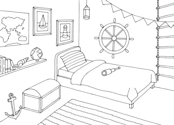 Vector illustration of Children room marine style graphic black white home interior sketch illustration vector