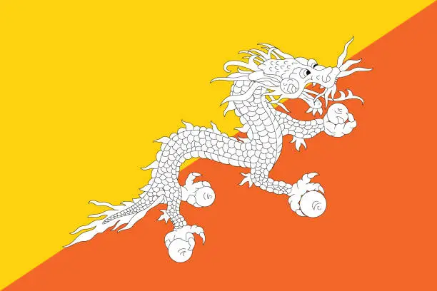 Vector illustration of Bhutan flag. Flag icon. Standard color. Standard size. A rectangular flag. Computer illustration. Digital illustration. Vector illustration.