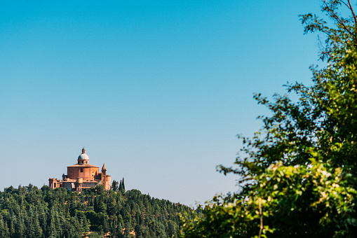 Wide Angle View of the Sanctuary of the Madonna of San Luca in Bologna, Italy with Copy Space