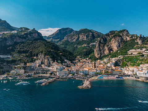 Aerial Drone Shot of Spiaggia Grande on the Amalfi Coast, Italy