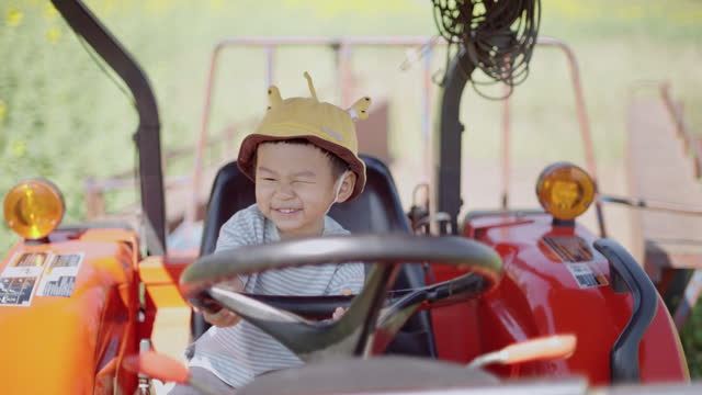 Adorable cute Asian toddler boy riding and play on an old tractor car parking in outdoor field happily. Young baby outdoor experience learning activity concept.