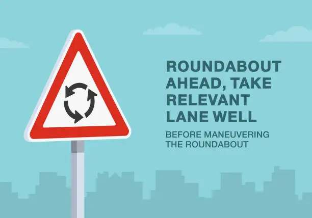 Vector illustration of Safe driving tips and traffic regulation rules. Close-up of european roundabout ahead sign, take relevant lane well. Vector illustration template.