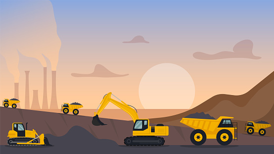 Quarry landscape. Quarry heavy vehicles. Mine production, stone quarrying process. Vector illustration. Eps 10.