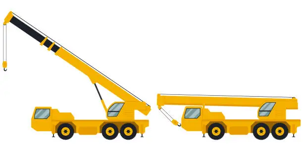 Vector illustration of Mobile crane icon. Vehicle for lifting, handling, building, moving cargo, load. Heavy machinery. Vector illustration.