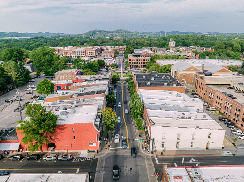 Aerial View of Small American Downtown of Franklin, Tennessee near Nashville in the Summer