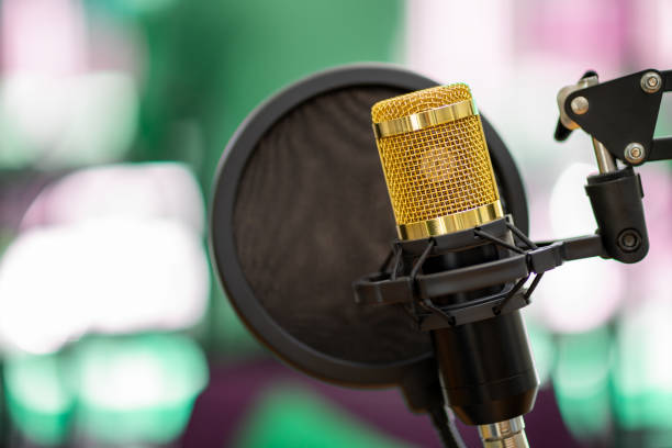 istock Close-up of microphone in radio broadcast studio 1949088491