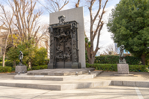 Tokyo, Japan. January 2024.  Auguste Rodin Sculpture Gates of Hell at Ueno park in the city center