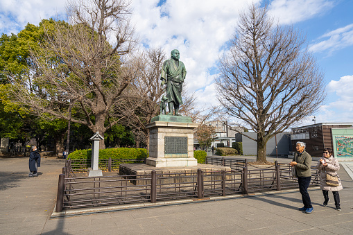 Tokyo, Japan. January 2024. The statue of Saigo Takamori, inside Ueno Park, also known as the last samurai, is a historical figure of Kagoshima who played a very important role in the last internal battles and in the unification of Japan.