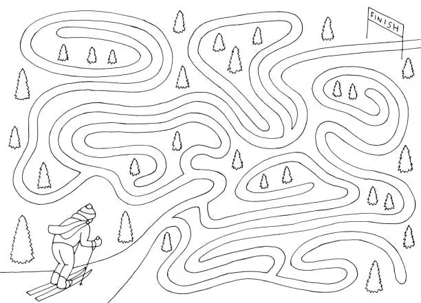 Vector illustration of Ski race maze graphic black white sketch illustration vector