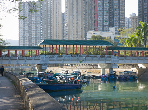 Hong Kong, China - January 18 2024: Kwong Fuk Bridge Street view at Tai Po, Hong Kong.