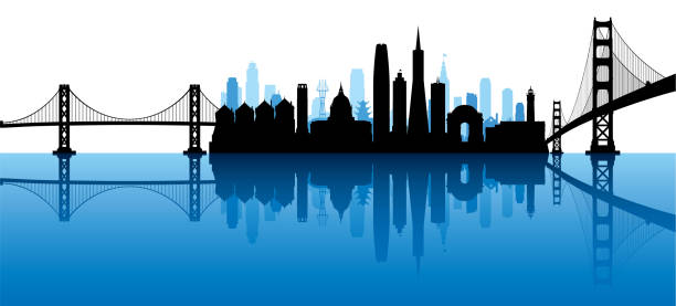 san francisco skyline silhouette (all buildings are complete and moveable) - panoramic san francisco bay area golden gate bridge san francisco bay点のイラスト素材／クリップアート素材／マンガ素材／アイコン素材