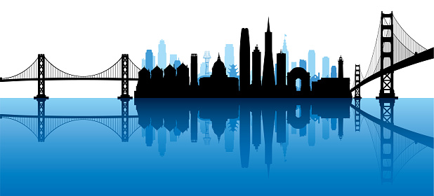 San Francisco skyline silhouette. All buildings are complete and moveable.