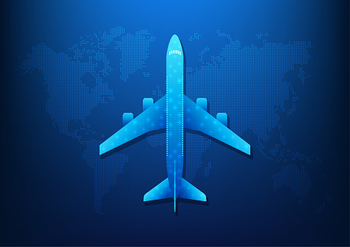 Air transportation industry technology that uses airplane as transport vehicles that has AI technology to help manage and specify the location of the destination Airplanes flying on the world map