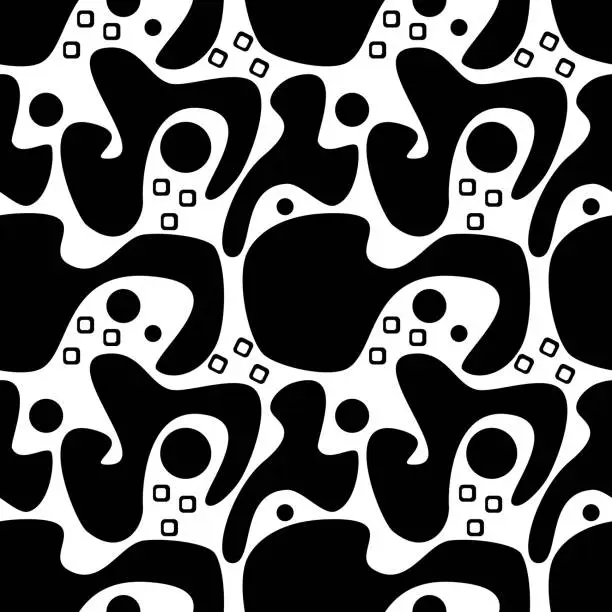 Vector illustration of Seamless abstract geometric pattern. Black, white. Vector illustration. Polygons, circles, rings, dots texture. Design for textile fabrics, wrapping paper, background, wallpaper, cover.