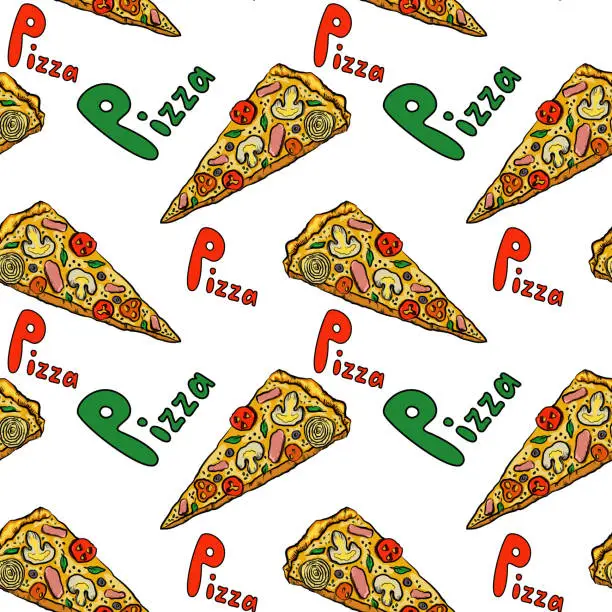 Vector illustration of Seamless abstract pattern with piece of pizza, hand drawn lettering Pizza. White, yellow, red, green. Vector. Hand drawn. Design for textile fabrics, wrapping paper, background, wallpaper, cover.