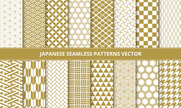 Japanese pattern seamless pattern set. transparent material.Gold version. digital illustration seigaiha stock illustrations