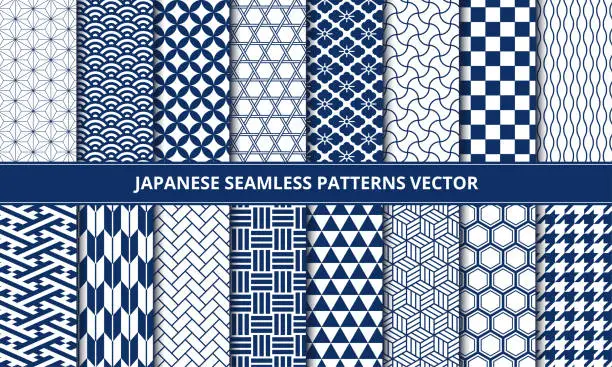 Vector illustration of Japanese pattern seamless pattern set. transparent material.Blue version