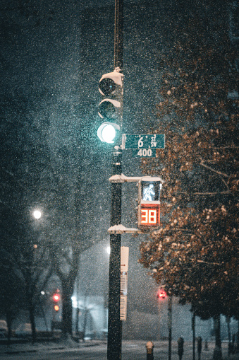 Traffic light during snow in Washington DC