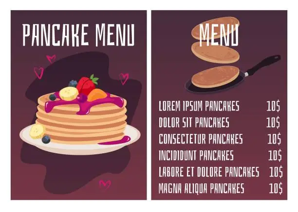 Vector illustration of Pancakes vector menu template, stack of pancakes with jam topping, whipped cream, fruit berries on a plate, baking food