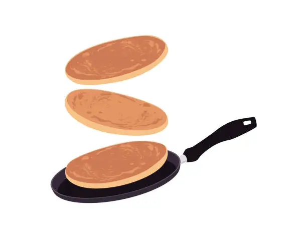 Vector illustration of Pancakes toss in the pan, turn the pancake on the fly, vector delicious baking food, sweet dessert isolated on white