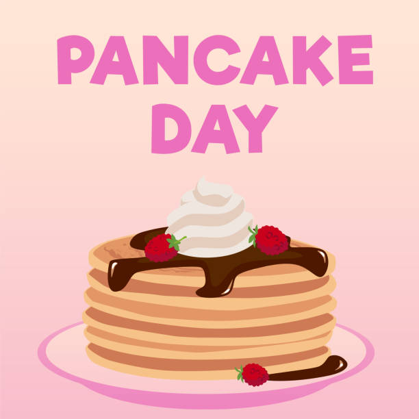 Stack of pancakes with chocolate topping, whipped cream and raspberries on a plate, bakery, Pancake day vector poster A stack of pancakes with chocolate topping, whipped cream and raspberries on a plate. Pancake day poster. Vector flat cartoon illustration. Delicious baking food, sweet dessert pancake day stock illustrations