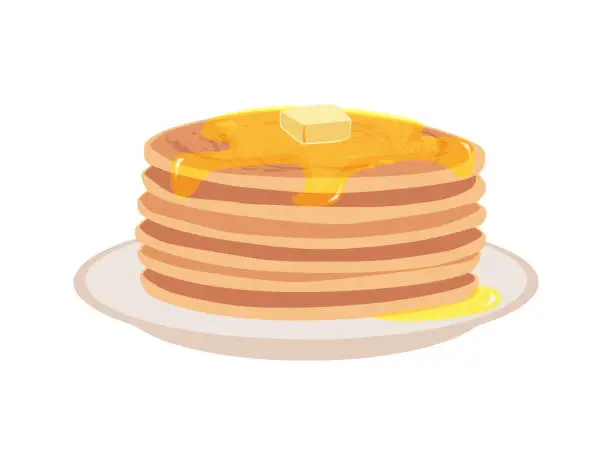 Vector illustration of Stack of pancakes with butter on a plate cartoon delicious baking food, sweet dessert vector illustration isolated