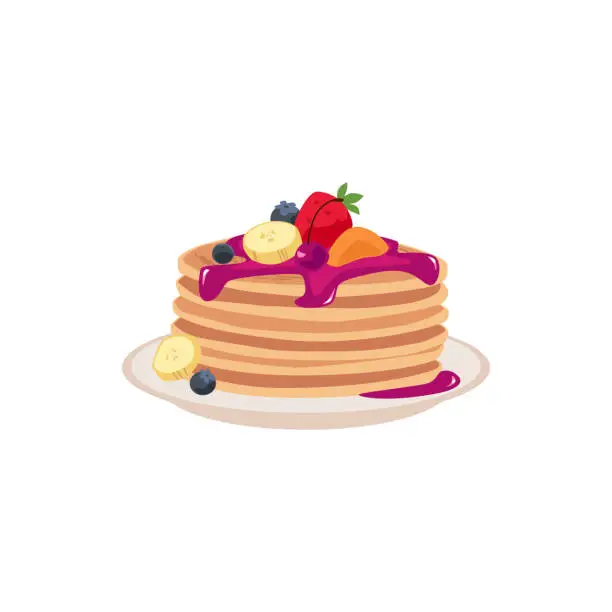Vector illustration of Pancakes with jam topping, fruit and berries folded on a plate, vector cartoon delicious baking food, sweet dessert