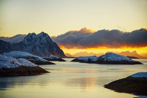 Midnight Sun Arctic Circle in  Lofoten Islands, Norway