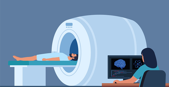 Doctor looking at results of patient brain scan on the monitor screens in front of MRI machine with patient lying down. Flat vector illustration