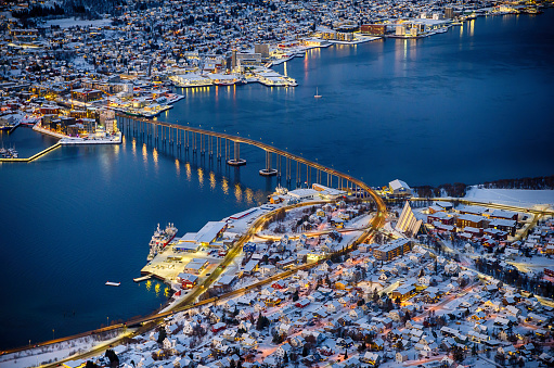 Aerial view Norway city panorama fog around in Tromso