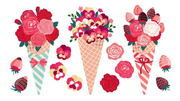 Vector illustration of FLOWERS WAFFLE CONE SET