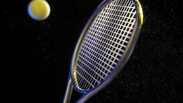 A tennis racket hits a tennis ball and dust flies off from it on a black background, slow motion, 3D animation