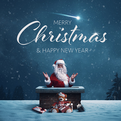Cheerful Santa Claus standing in a chimney on a roof, he is delivering gifts and wishing Merry Christmas, greeting card