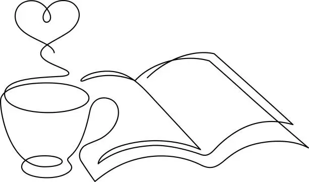 Vector illustration of coffee cup and book opening one line drawing continuous minimalism illustration