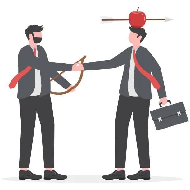 Vector illustration of Trusted partner, believe and confidence in strong business relation, collaboration or trust alliance concept, businessmen shaking hands agreement after finished danger risky apple shot archery show.