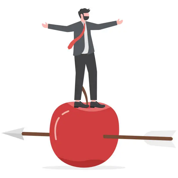 Vector illustration of Business goal achievement, risk management or practicing and skill to overcome risky and manage to reach target concept, confidence businessman with archer standing on apple hit by his accurate arrow.