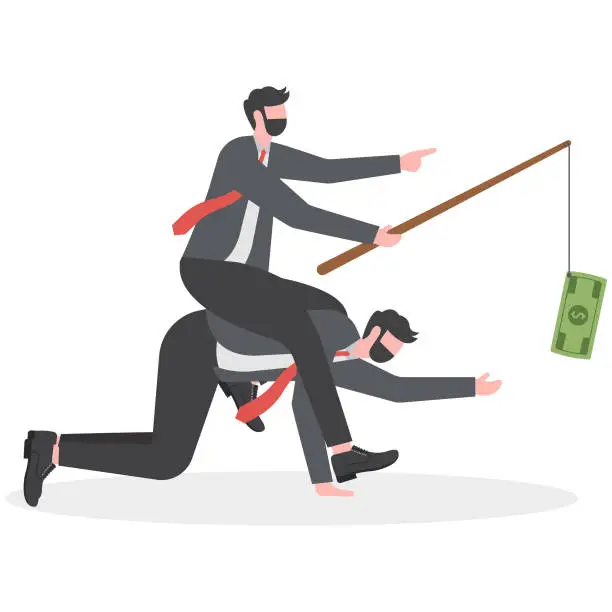 Vector illustration of Boss use worker as slavery. Businessman riding on back of another businessman or employee by giving money as a bait, businessman running for bait. Personnel management leadership. Vector illustration.