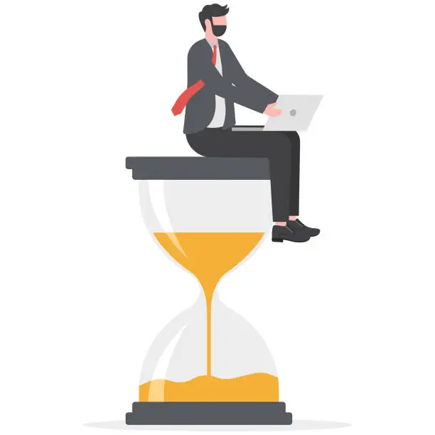 Vector illustration of Man sitting on an hourglass and working on her laptop. Time management, multitasking, working productivity. Vector illustration