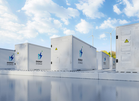 3d rendering amount of energy storage systems or battery container units with turbine farm