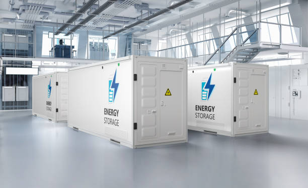 istock Energy storage systems or battery container units in factory 1949285812