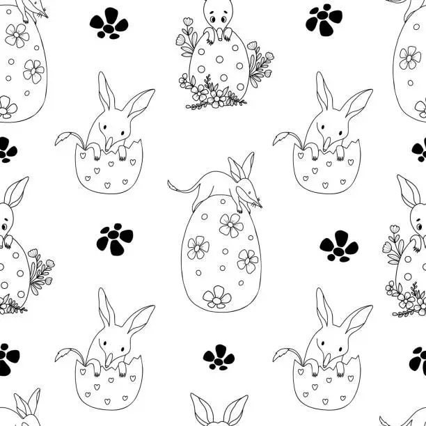 Vector illustration of Seamless pattern with cute bilby animal with Easter egg on white background. Vector illustration for design, wallpaper, packaging, textile.