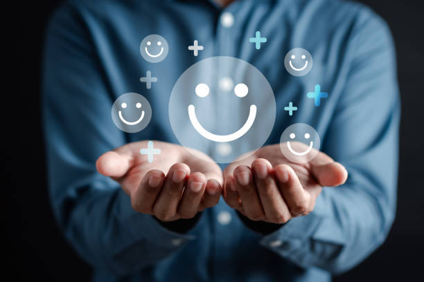 istock Hand giving happy smile face in comment box, user giving good feedback rating, think positive , customer review, assessment, of mental health day, Compliment Day, satisfaction concept. 1949285830