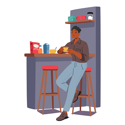 Young Man Immersed In His Daily Routine, Savors A Home-cooked Meal. The Comforting Ritual Unfolds As He Enjoys Familiar Flavors, Creating A Moment Of Solace And Nourishment. Vector Illustration