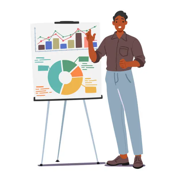 Vector illustration of Confident Man Engages The Audience, Explaining Ideas On A Whiteboard, Employing Vivid Diagrams And Gestures