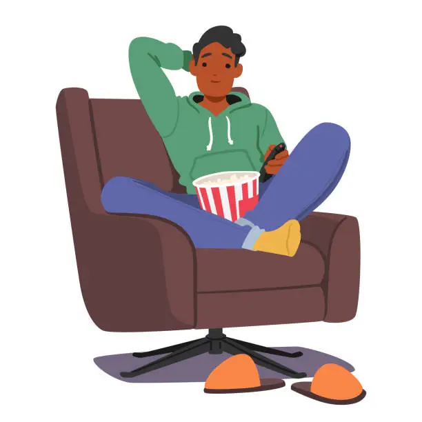 Vector illustration of Man Relaxes At Home, Enjoying A Movie With Popcorn. Cozy Atmosphere, Cinematic Escape, Vector Illustration