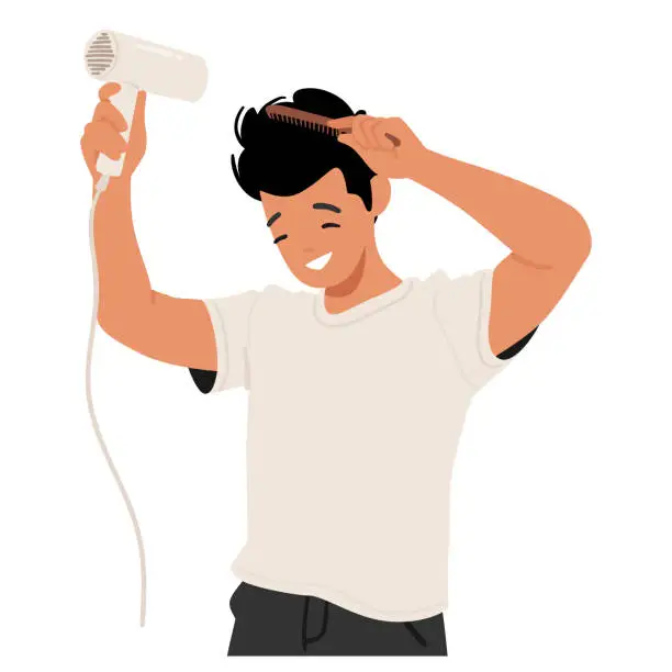 Vector illustration of Meticulous Man Character Crafting His Style, Deftly Wielding A Comb And Dryer, Sculpting A Polished Hairstyle