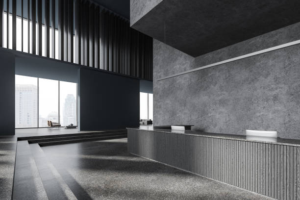 istock Grey office lobby interior desk and lounge zone, panoramic window 1949331251