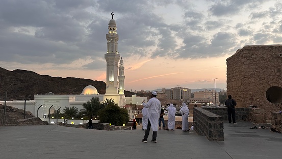 Madinah, Saudi Arabia – December 20, 2023: The Al-Khandaq Mosque, one of the sites of The Seven Mosques complex in Medina.